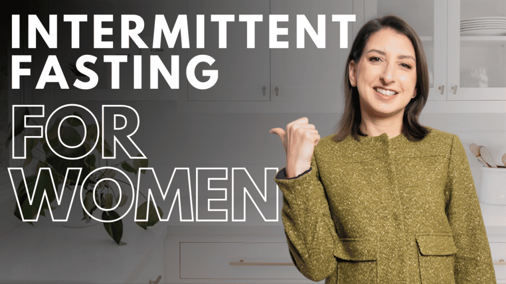Keto woman promoting intermittent fasting for women, demonstrating health and wellness benefits, in a modern kitchen environment.
