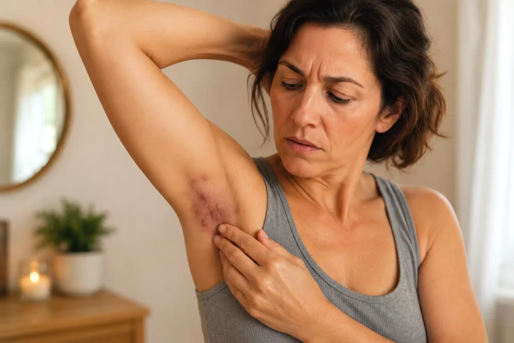 Woman over 40 examining a hidradenitis suppurativa cyst under her arm