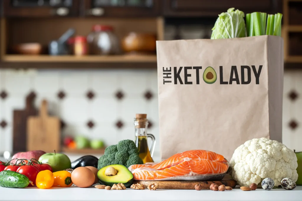 The Keto Lady grocery bag with salmon, eggs, avocado and vegetables on a kitchen counter.